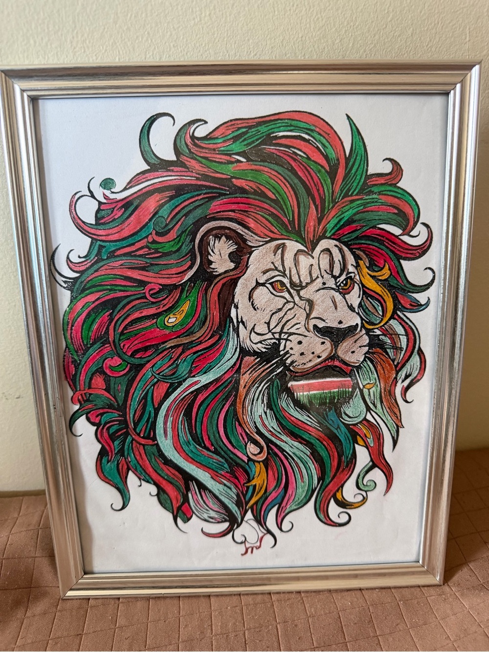 Colorful Lion Wall Art Print - Green & Red Mane